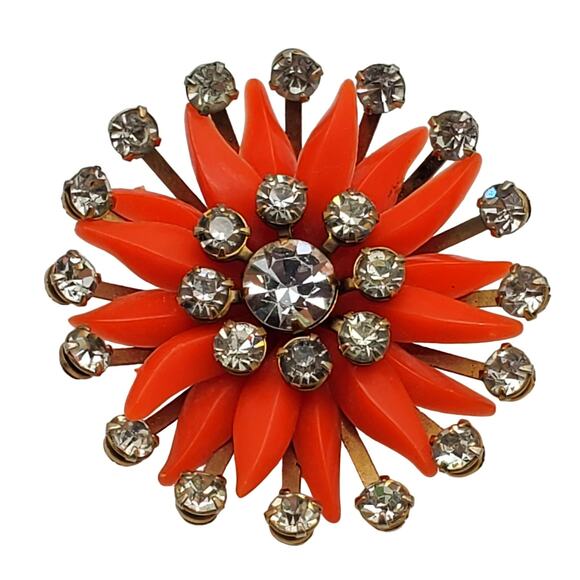 Orange Plastic Brooch Rhinestone Sunburst Pin Star Petal Flower Vintage 1960s - Picture 1 of 4